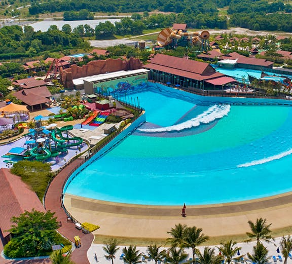 Aerial view of Desaru Waterpark wave pool and slides in Johor, Malaysia.