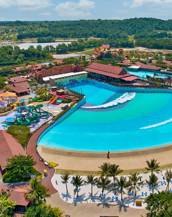 Aerial view of Desaru Waterpark wave pool and slides in Johor, Malaysia.