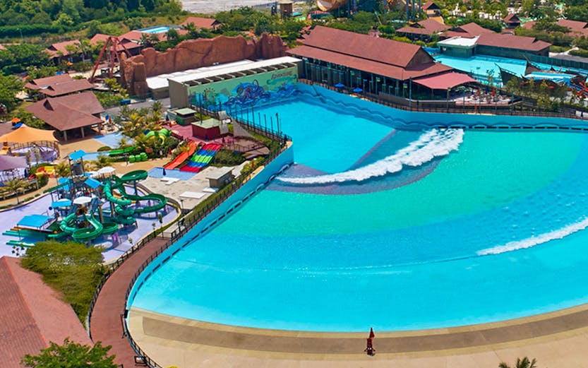 Aerial view of Desaru Waterpark wave pool and slides in Johor, Malaysia.