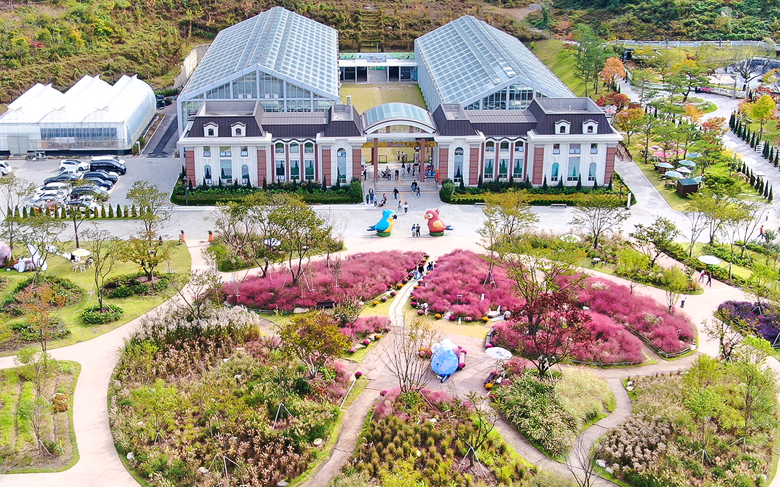 Aerial view of Gapyeong Begonia Bird Park with glass buildings and pink muhly grass gardens.