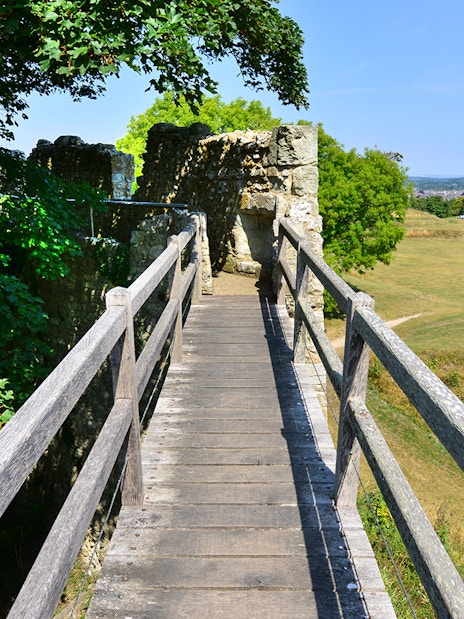 Walkway leading to Carisbrooke Castle ruins surrounded by greenery.