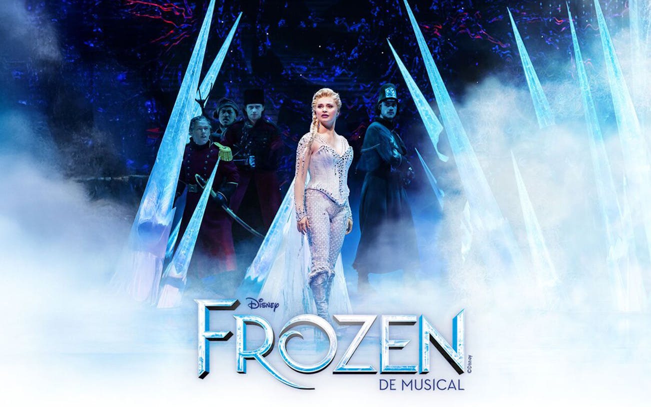Stage scene from Disney FROZEN musical with characters and icy backdrop.