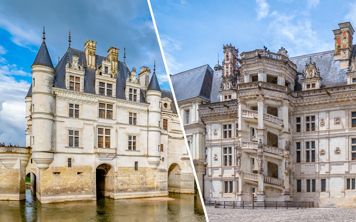 Chenonceau Castle over river and ornate facade of Royal Blois Castle, France.