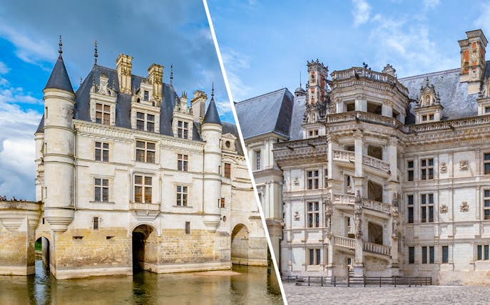 Chenonceau Castle over river and ornate facade of Royal Blois Castle, France.