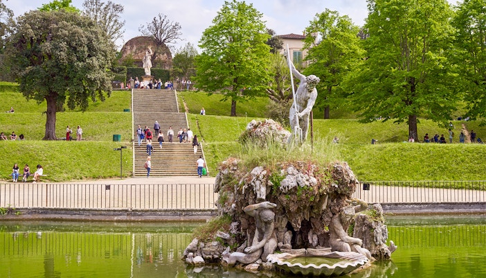 Neptune Fountain in Boboli Gardens, Florence, Italy, with intricate sculptures and water features.