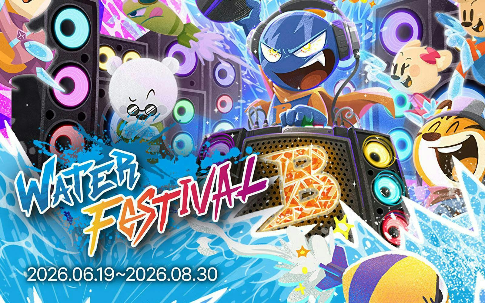 Cartoon characters enjoying music and water splashes at Everland Water Festival.