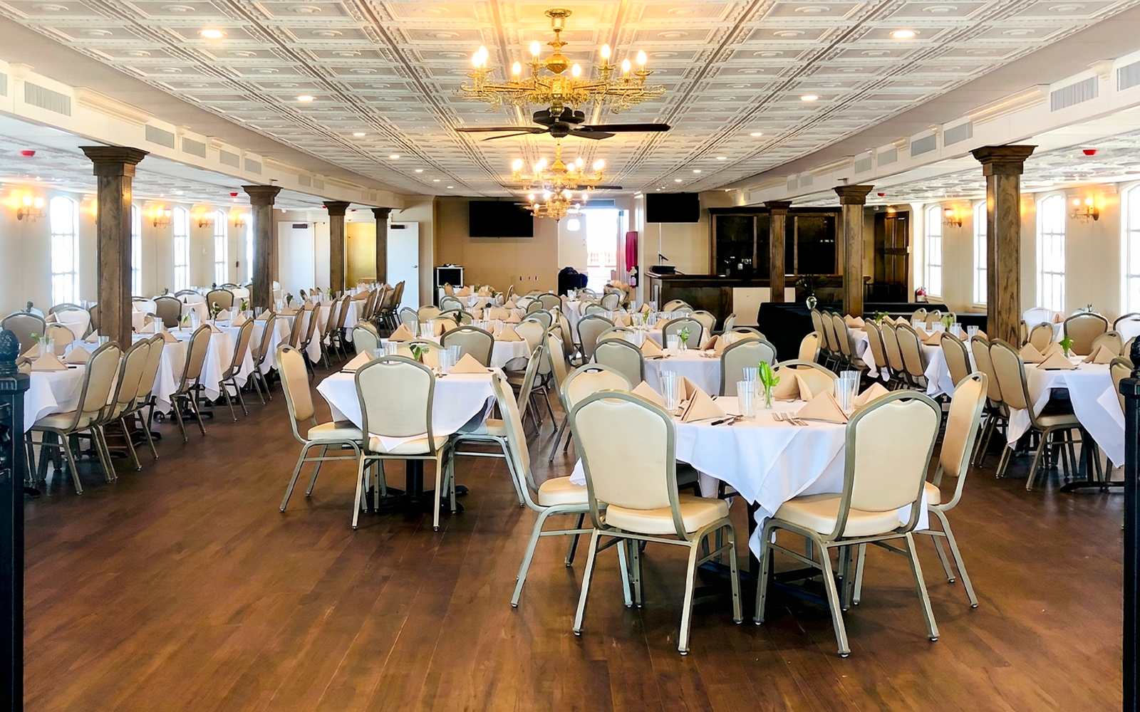 Dining area setup on Riverboat City of New Orleans sightseeing cruise.