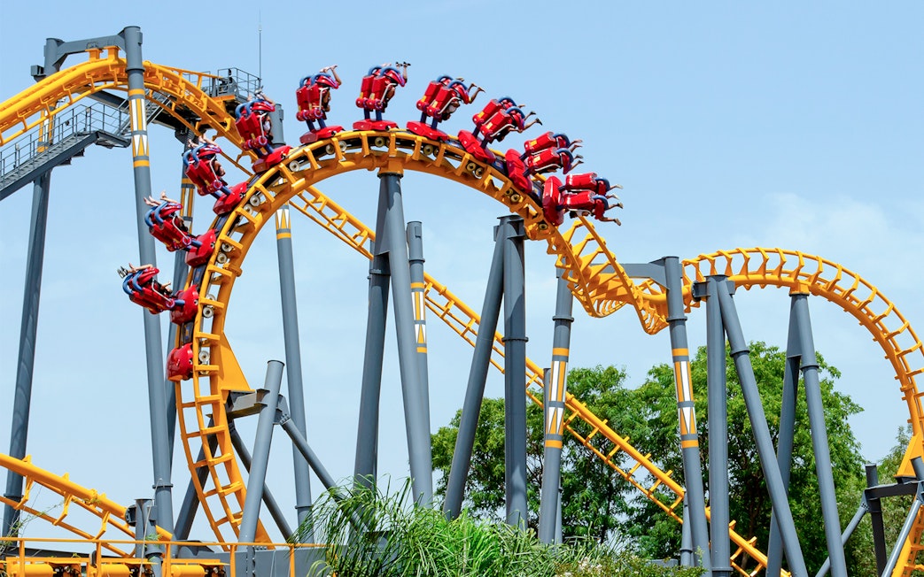 Roller coaster loop on Isla Magica's Jaguar Ride in Seville, Spain.
