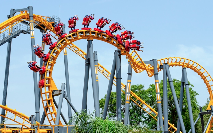 Roller coaster loop on Isla Magica's Jaguar Ride in Seville, Spain.
