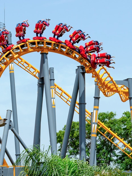 Roller coaster loop on Isla Magica's Jaguar Ride in Seville, Spain.