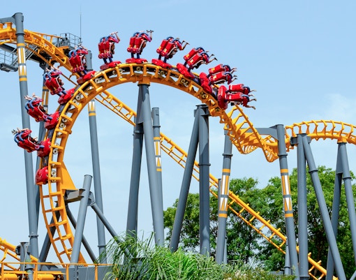 Roller coaster loop on Isla Magica's Jaguar Ride in Seville, Spain.