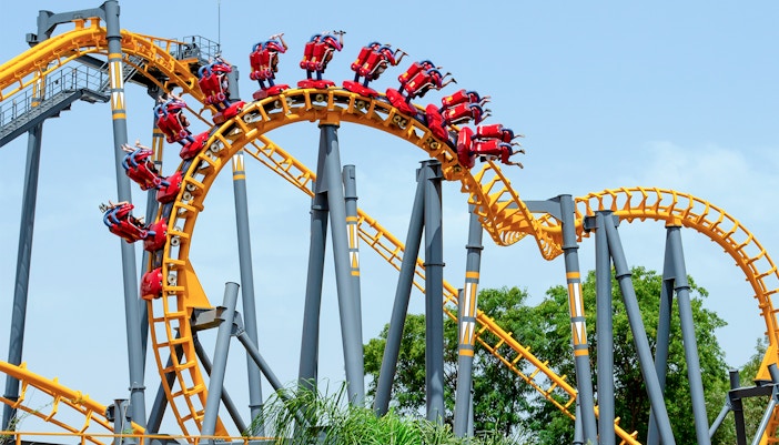 Roller coaster loop on Isla Magica's Jaguar Ride in Seville, Spain.