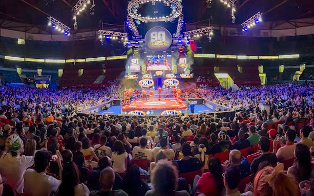 Crowd watching a lively lucha libre wrestling match in a packed arena.