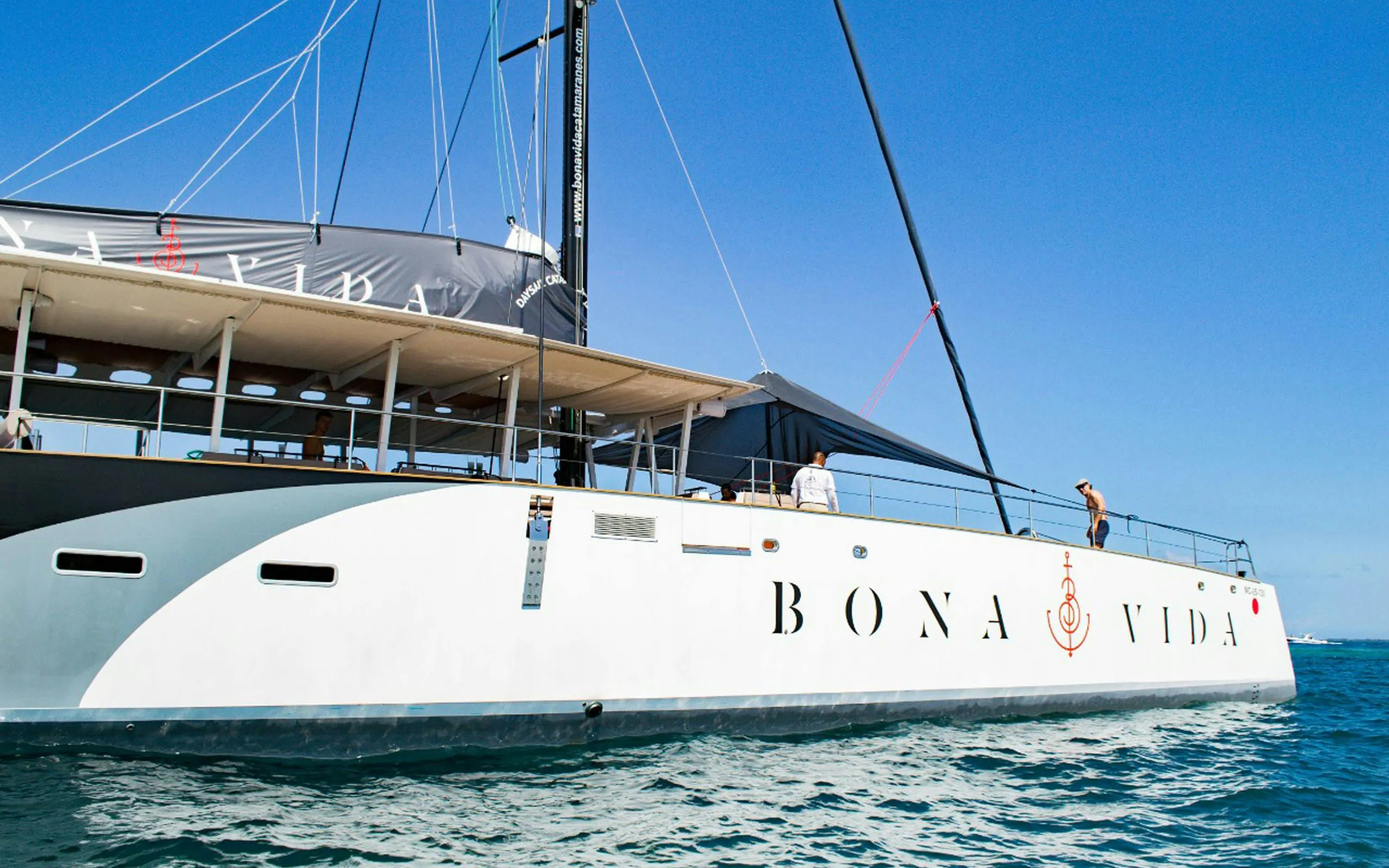 Catamaran on Cartagena waters during sunset cruise with open bar.
