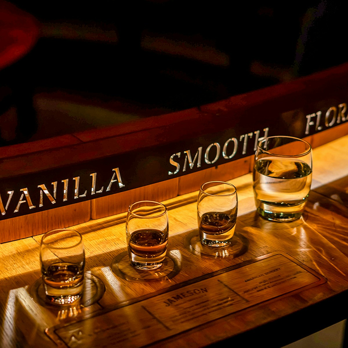 Whiskey tasting glasses at Jameson Distillery Bow St. in Dublin.
