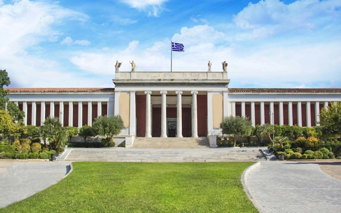 Neoclassical facade of the National Archaeological Museum in Athens, Greece.
