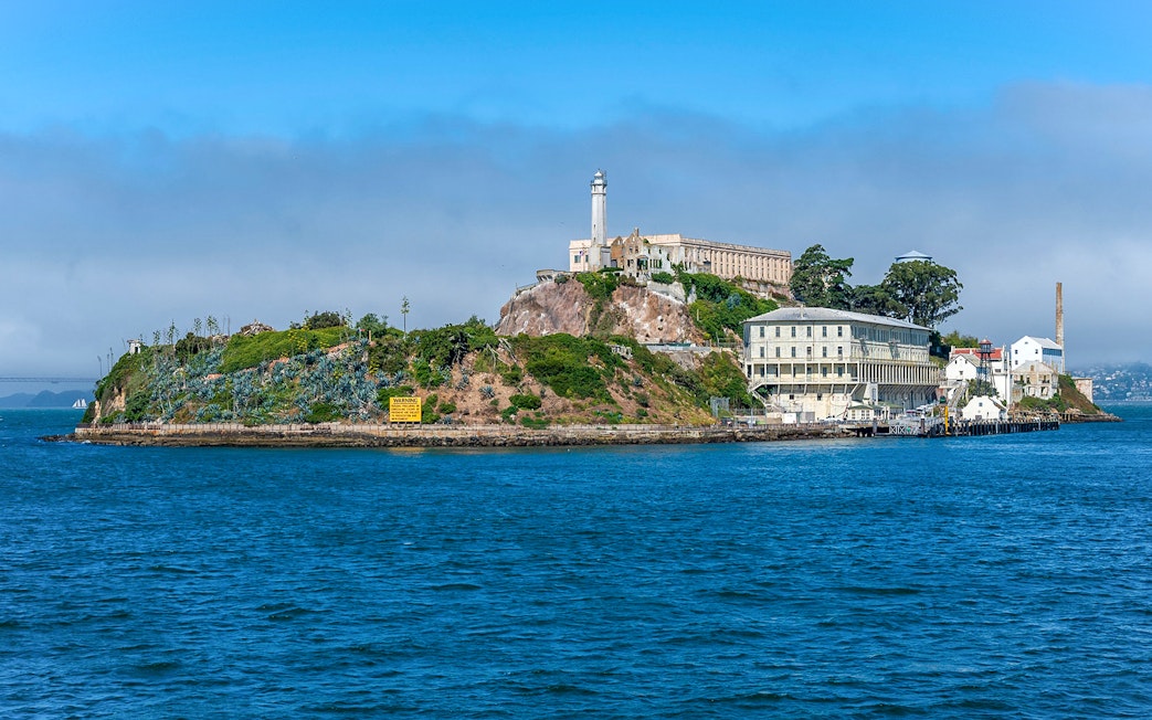 Alcatraz Island with historic prison buildings in San Francisco Bay.