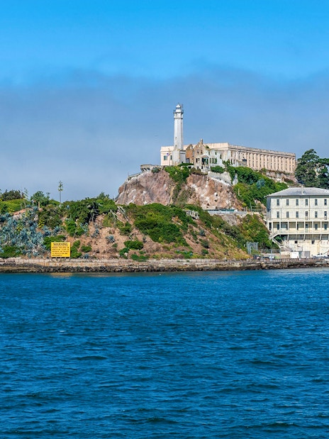 Alcatraz Island with historic prison buildings in San Francisco Bay.