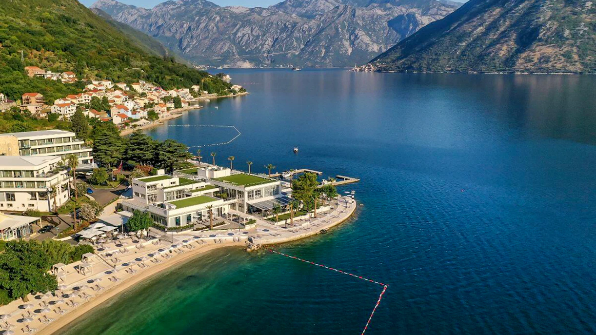 Aerial view of Kotor Bay with mountains and coastline in Montenegro.