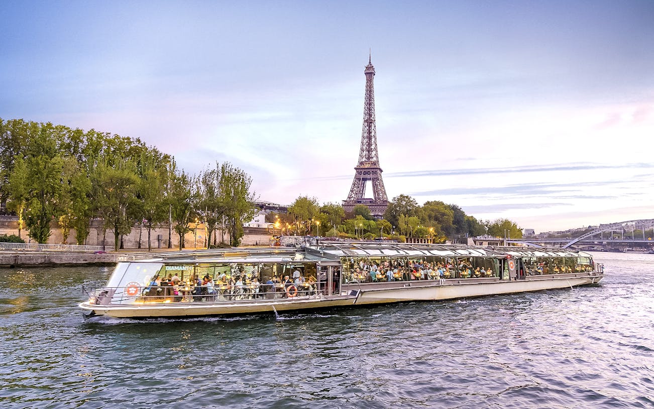 Panoramic cruise on Seine River with Eiffel Tower view, Paris New Year’s Eve 2025.