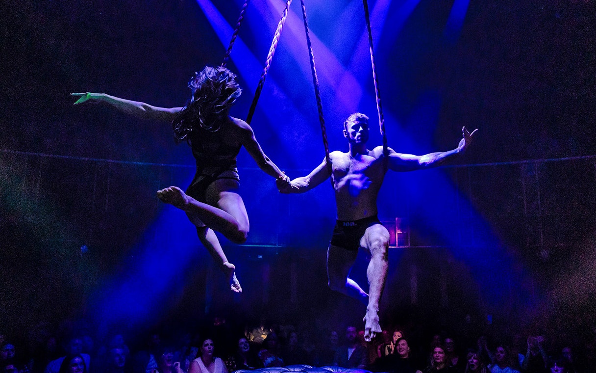 Performers on aerial ropes during Magic Mike Live show.