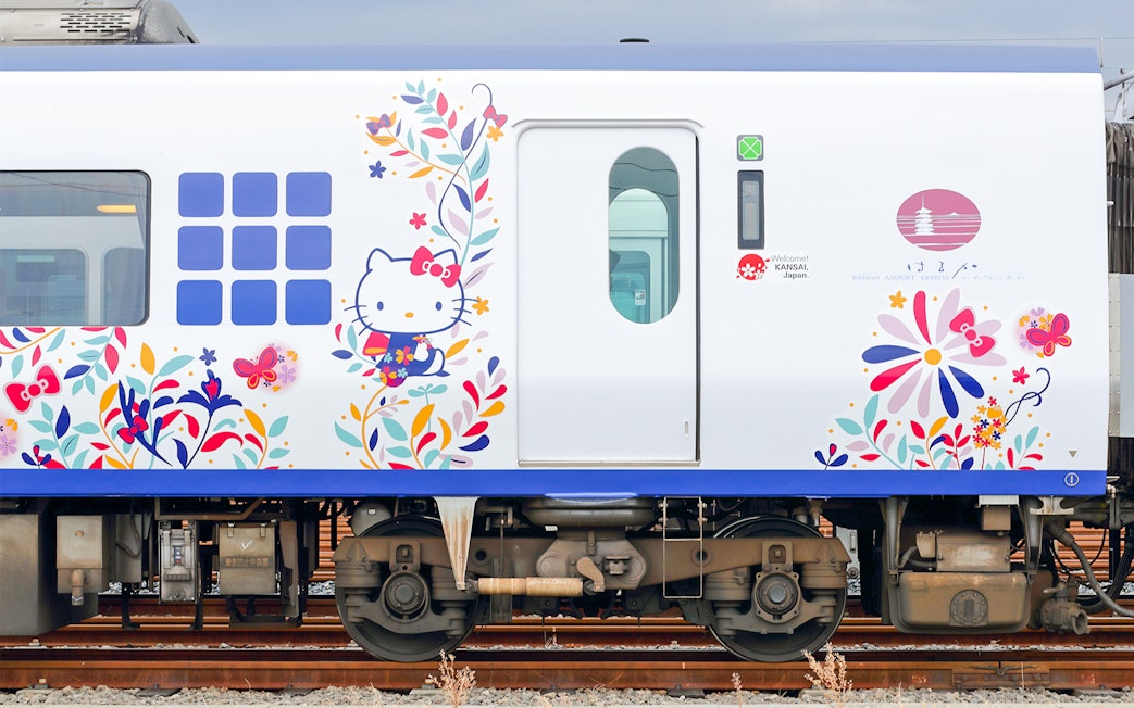 Hello Kitty design on JR Haruka Airport Express train in Japan.