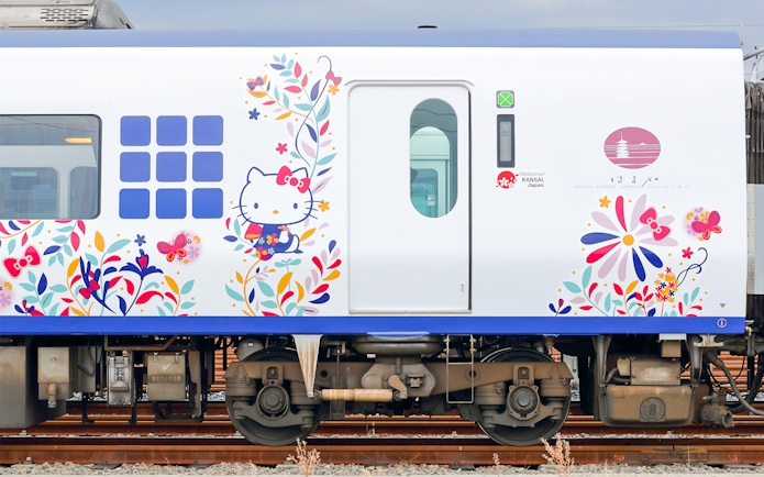 Hello Kitty design on JR Haruka Airport Express train in Japan.
