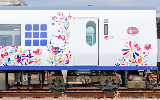 Hello Kitty design on JR Haruka Airport Express train in Japan.