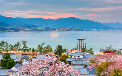Miyajima Island view with cherry blossoms and Itsukushima Shrine's torii gate, Hiroshima.