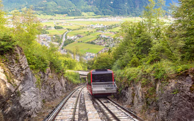 Train descending through lush mountains on the way to Interlaken from Zürich.