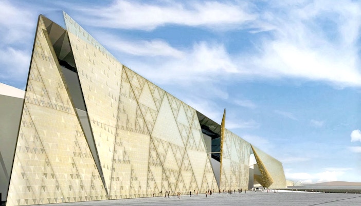 Grand Egyptian Museum exterior with modern architectural design.