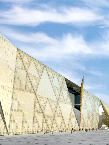 Grand Egyptian Museum exterior with modern architectural design.