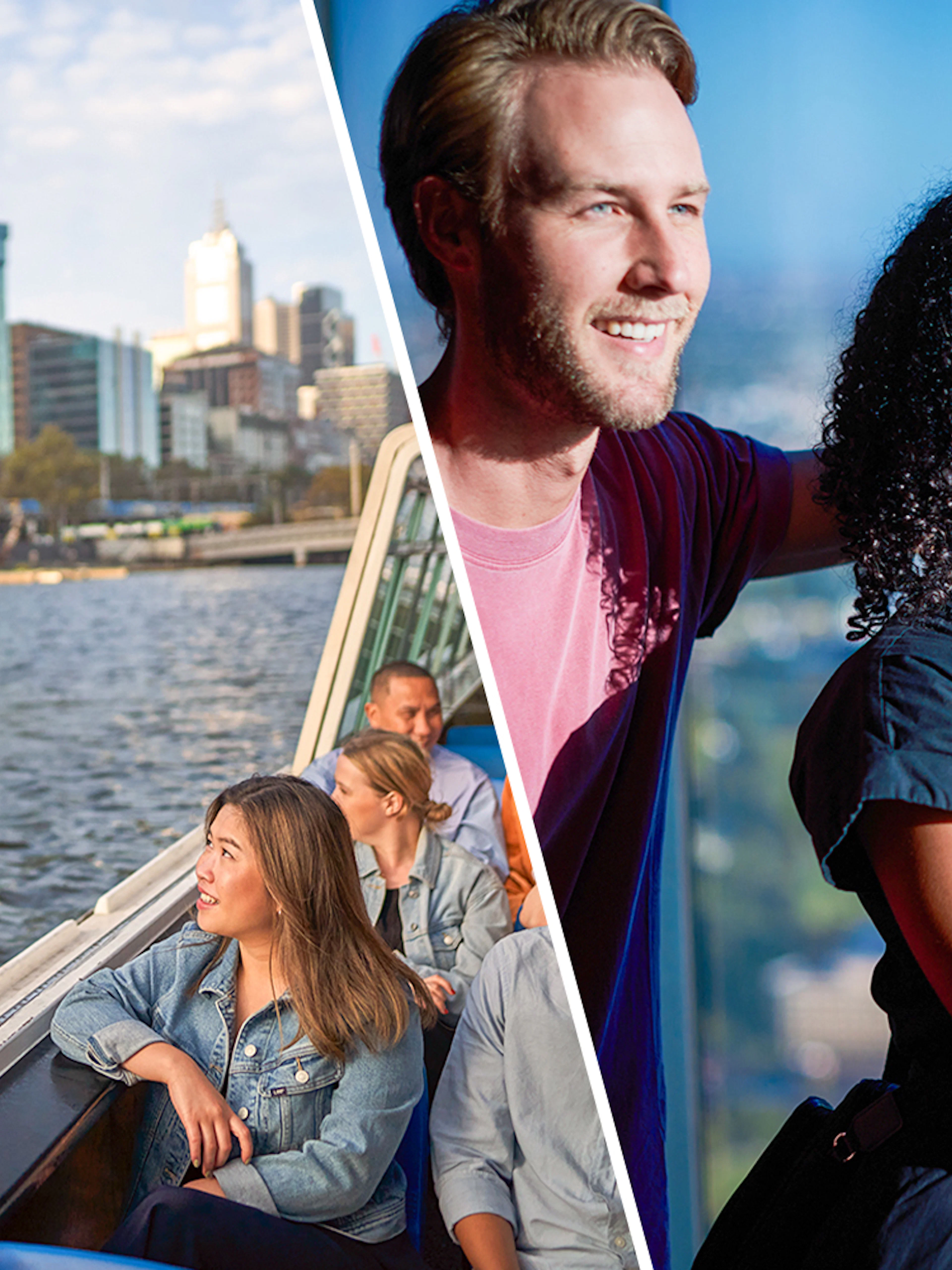 Cruise passengers enjoying views of Melbourne skyline on Yarra River.