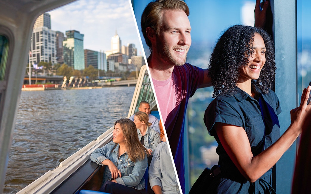 Cruise passengers enjoying views of Melbourne skyline on Yarra River.