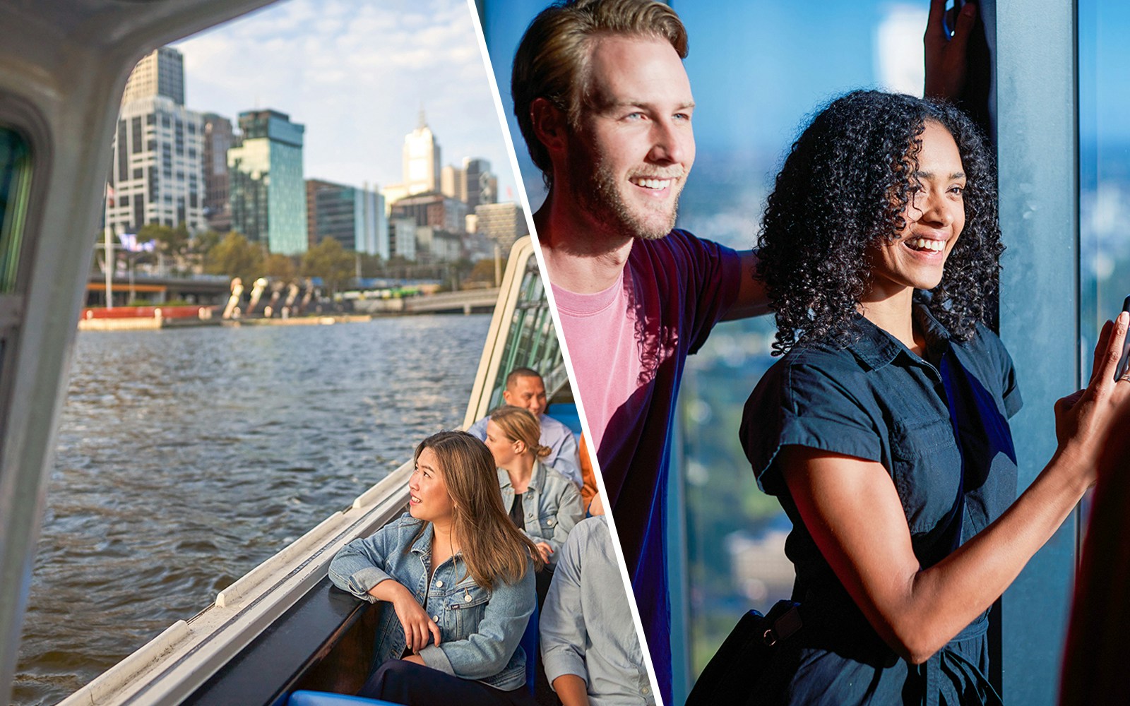 Cruise passengers enjoying views of Melbourne skyline on Yarra River.