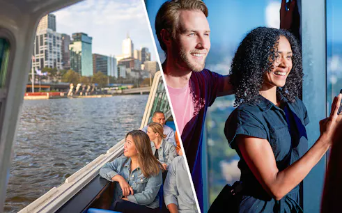 Cruise passengers enjoying views of Melbourne skyline on Yarra River.