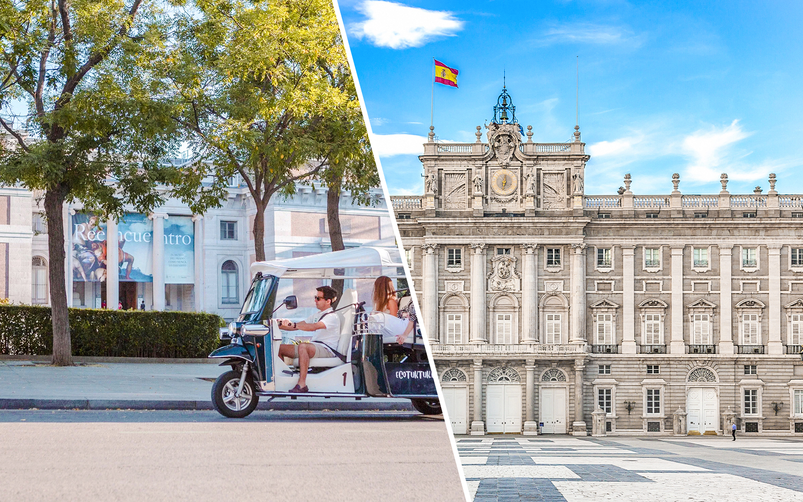 Electric tuk-tuk tour near the Royal Palace of Madrid.