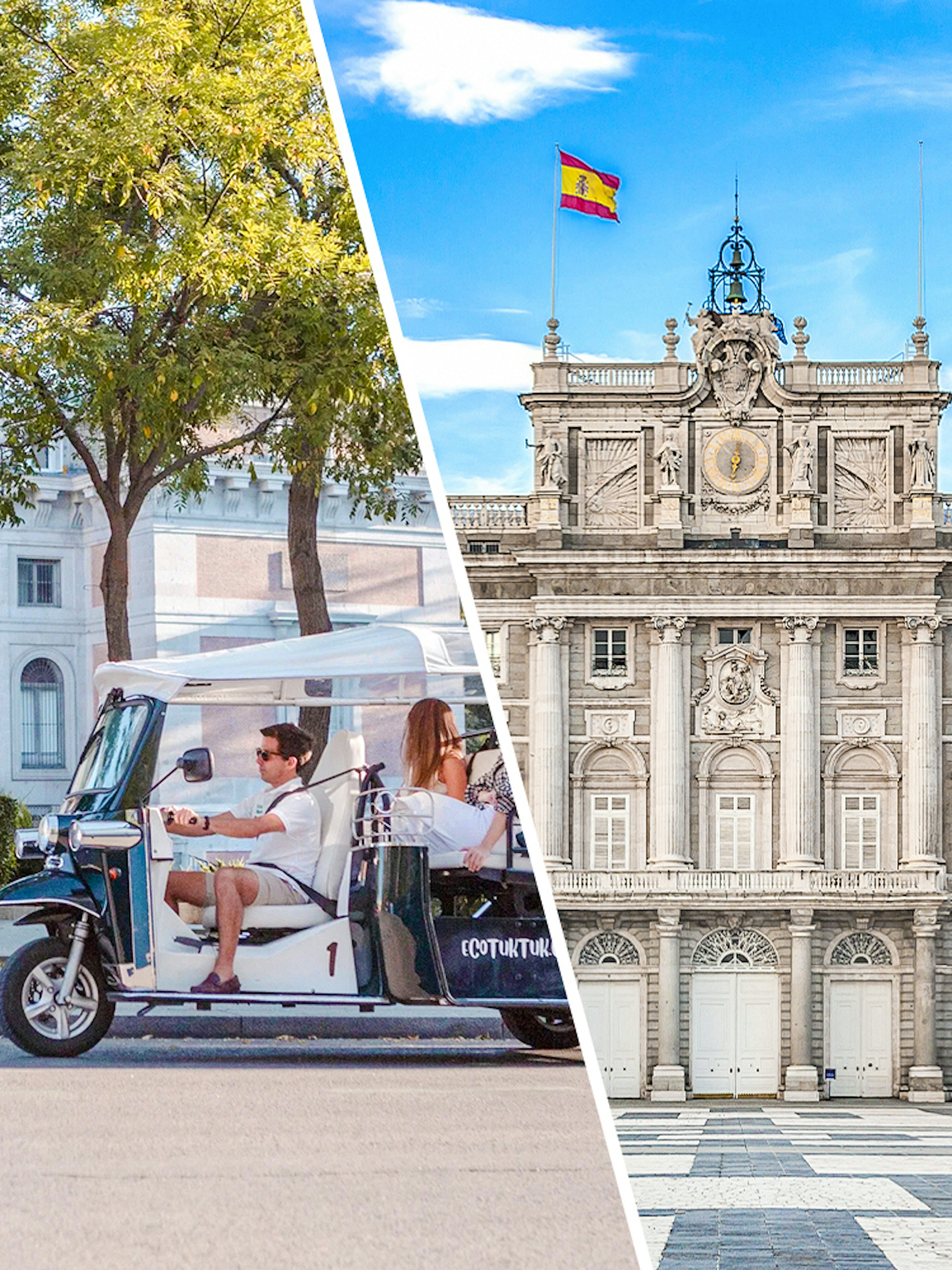 Electric tuk-tuk tour near the Royal Palace of Madrid.