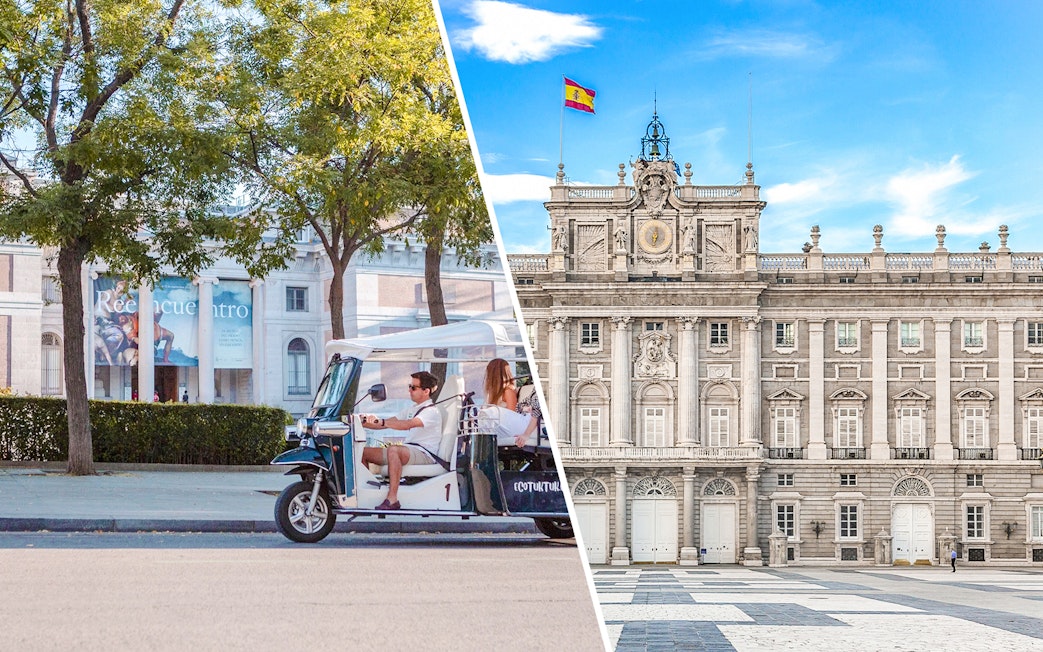 Electric tuk-tuk tour near the Royal Palace of Madrid.