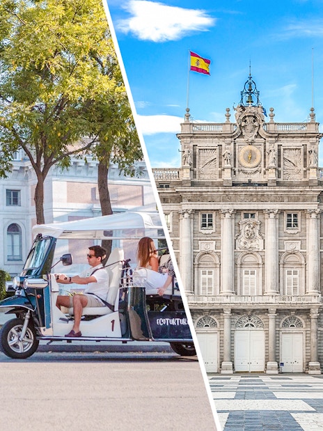 Electric tuk-tuk tour near the Royal Palace of Madrid.