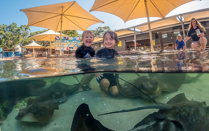 Kids interacting with rays at Irukandji Shark & Ray Encounters, Australia.