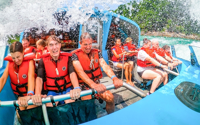 Guests enjoying the Freedom jet boat tour in the Niagara River Gorge, Niagara, Canada.