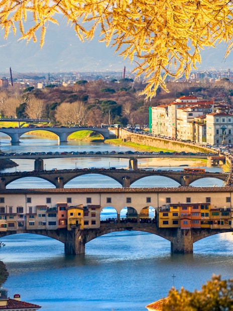 Ponte Vecchio over Arno River in Florence during New Year celebrations.