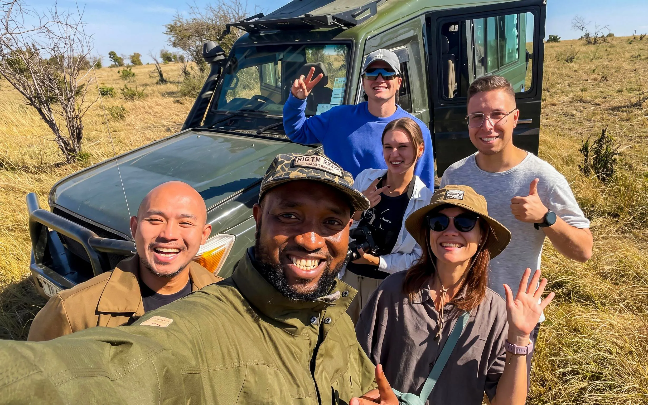 Group enjoying a safari in Masai Mara with a jeep in the background.