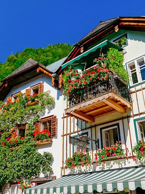 Colorful houses with flower-adorned balconies in Hallstatt, Austria, seen on a day trip from Vienna.