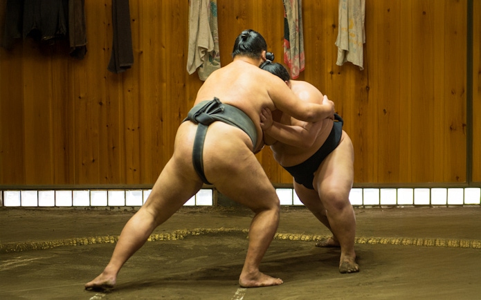 Sumo wrestlers practicing at a Tokyo stable during morning training session.