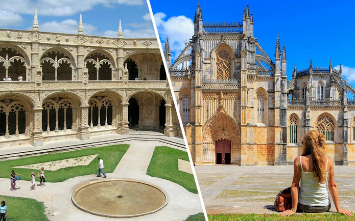Tourists exploring the courtyard and facade of Batalha Monastery in Portugal.