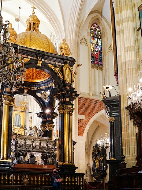 Interior of Wawel Cathedral with ornate chandeliers and detailed wood carvings.