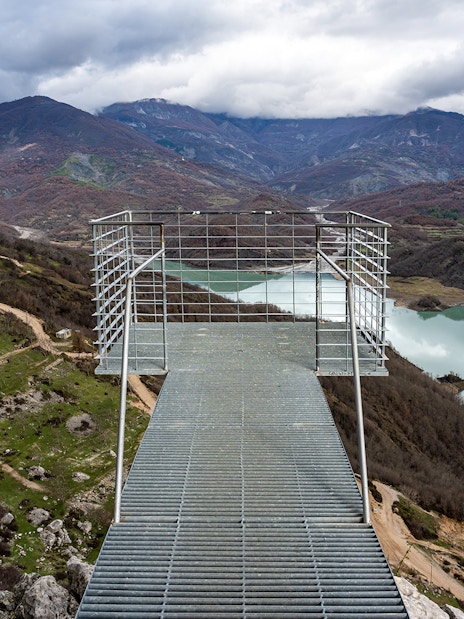 Panoramic lookout platform overlooking Gamti mountains and Bovilla lake.