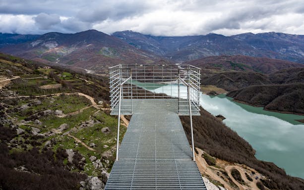 Panoramic lookout platform overlooking Gamti mountains and Bovilla lake.